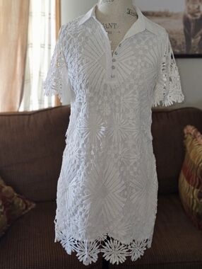 White Crochet Polo Dress with Floral Lace